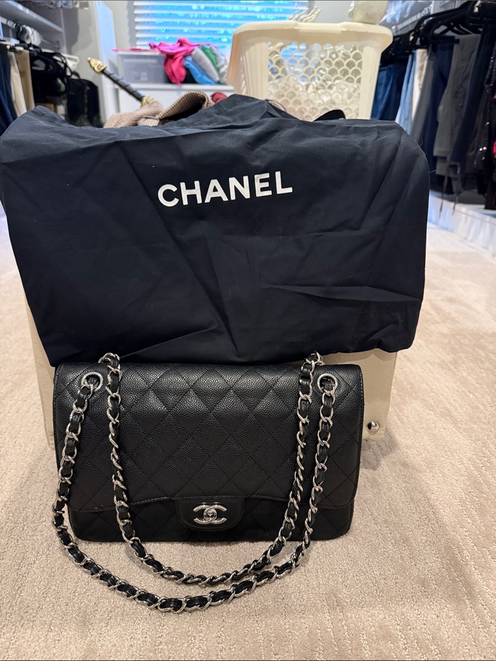 CHANEL Black Quilted Caviar Leather Shoulder Bag with Silver Chain
